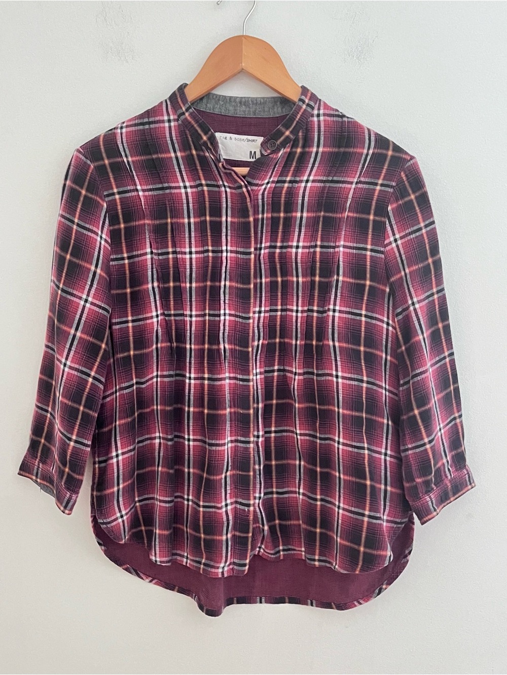 Rag & Bone Plaid Button Down Shirt Size Medium Band Collar Black Red
